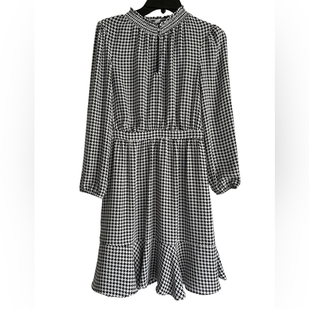 J Crew Black and White Herringbone High Neck Long Sleeve Keyhole Dress